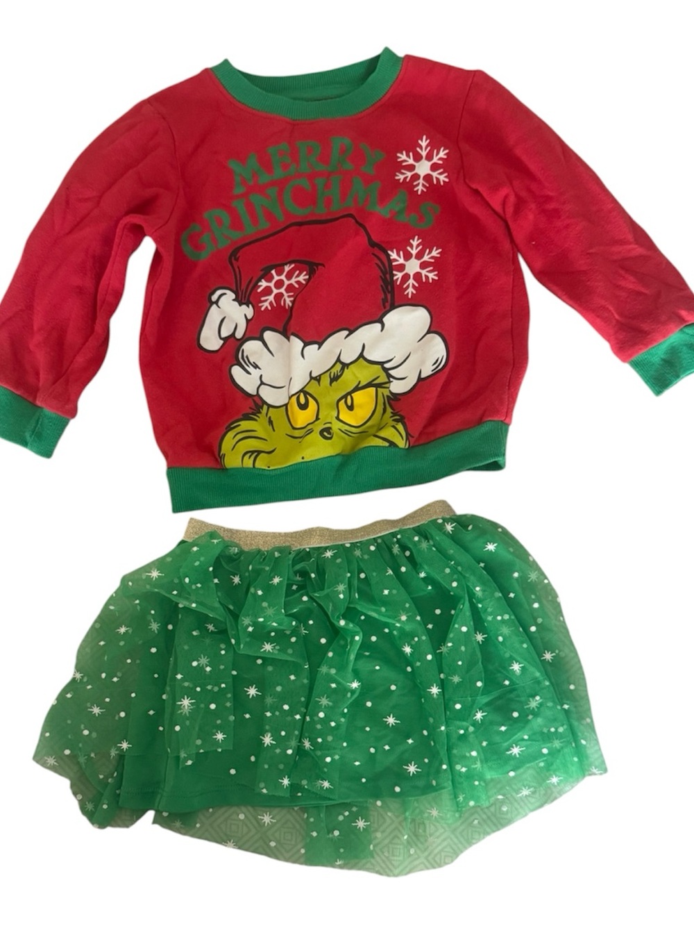 Kids Holiday Grinch-Inspired Red Sweatshirt and Green Tulle Skirt Set